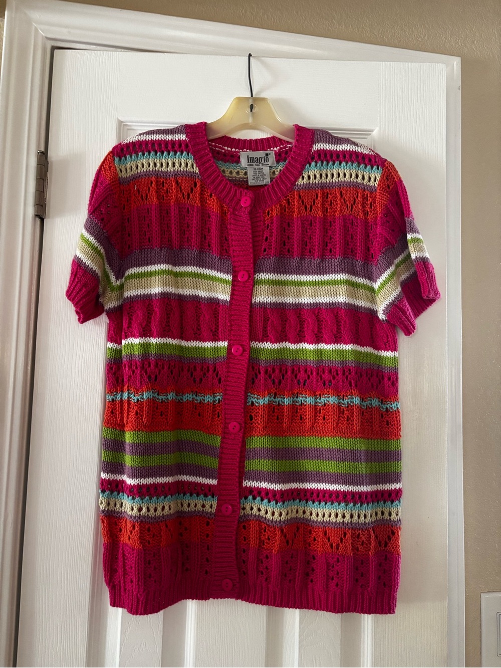 Pink Multicolor Short-Sleeve Button Cardigan